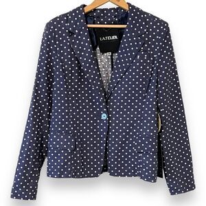 L'atelier mode de l'atelier Polka Dot Blue Linen Button Jacket Blazer Medium NWT